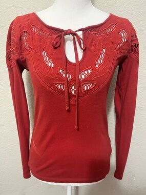 Free People “with Love” embroidered Red Lace Cutout Tie-Neck Long Sleeve Top